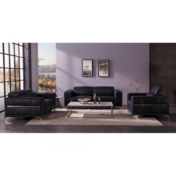 Ensemble Canapé 3 places et 2 places et fauteuil 1 place en cuir italien buffle VEGA, noir avec surpiqure blanche