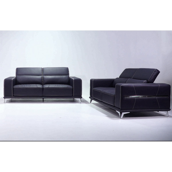 Ensemble Canapé 3 places et 2 places et fauteuil 1 place en cuir italien buffle VEGA, noir avec surpiqure blanche