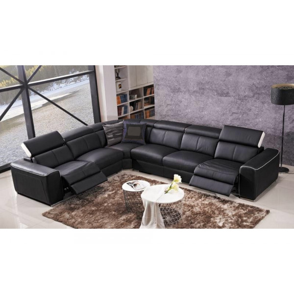 Canapé d'angle double relax électrique en cuir de buffle italien de luxe 7/8 places BESTRELAX noir et blanc, angle gauche