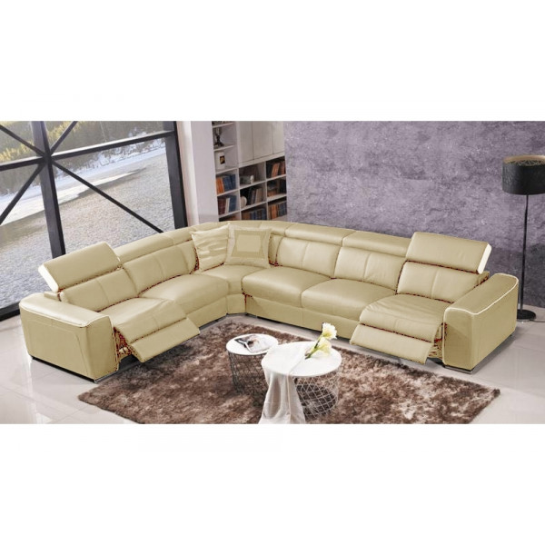 Canapé d'angle double relax électrique en cuir de buffle italien de luxe 7/8 places BESTRELAX beige et blanc, angle gauche