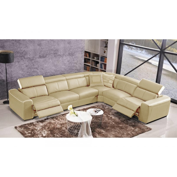 Canapé d'angle double relax électrique en cuir de buffle italien de luxe 7/8 places BESTRELAX, beige et blanc, angle droit