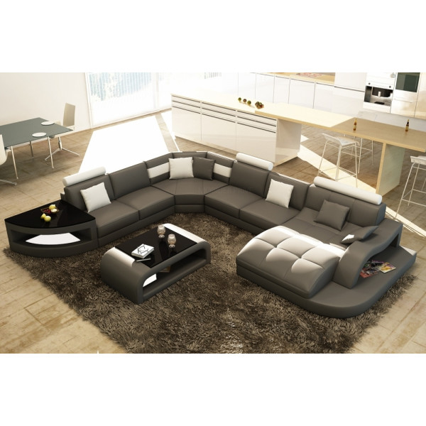 Canapé d'angle 8 places NORA gris foncé et blanc, angle gauche et méridienne à droite