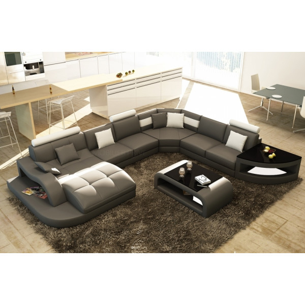 Canapé d'angle 8 places NORA, gris foncé et blanc, angle droit méridienne à gauche