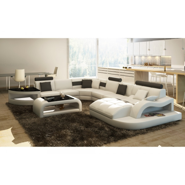 Canapé d'angle 8 places NORA blanc et gris foncé, angle gauche et méridienne à droite