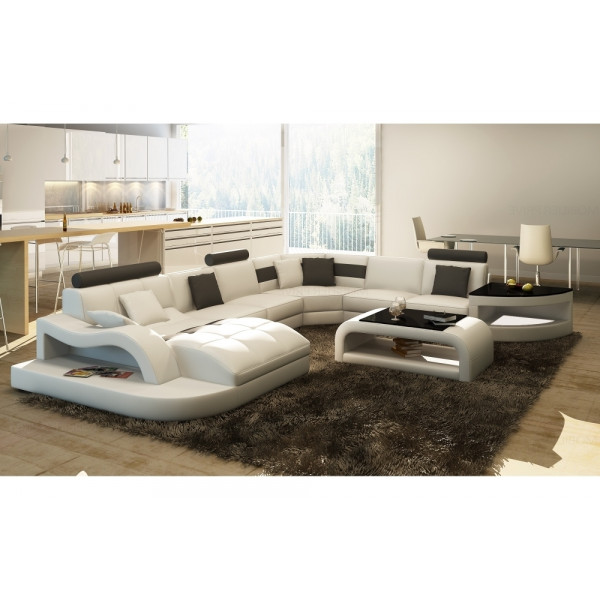 Canapé d'angle 8 places NORA, blanc et gris foncé, angle droit méridienne à gauche