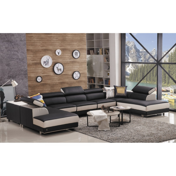 Canapé d'angle en cuir buffle italien de luxe 8/9 places GIANT, noir et blanc