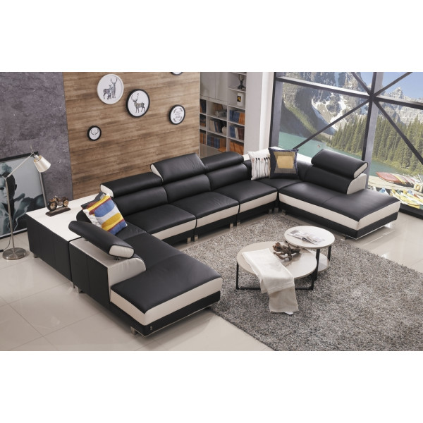 Canapé d'angle en cuir buffle italien de luxe 8/9 places GIANT, noir et blanc