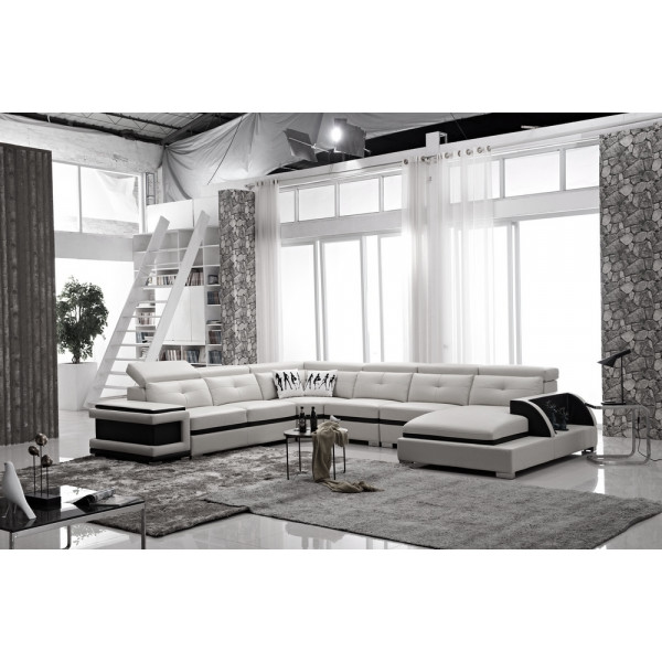 - Canapé d'angle cuir buffle italien 7/8 places, BELLISSIMO, blanc et noir, angle gauche
