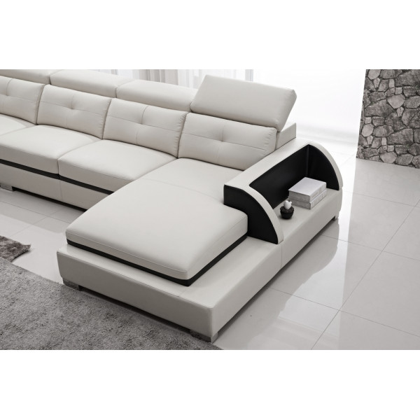 - Canapé d'angle cuir buffle italien 7/8 places, BELLISSIMO, blanc et noir, angle gauche