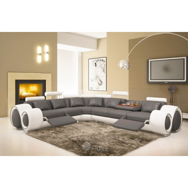 Canapé d'angle en cuir italien :  5/6 places PETIT EXCELIA, gris foncé et blanc, angle gauche