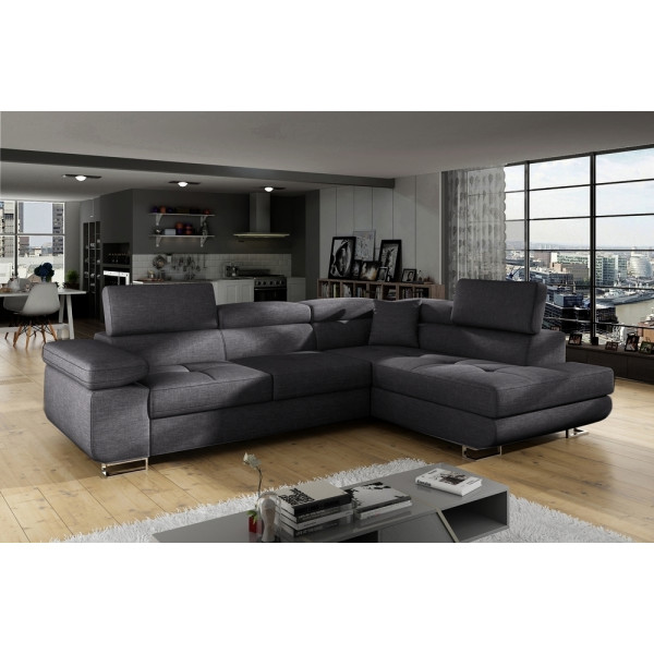 Canapé d'angle convertible - en tissu luxe 5 places, ANNECY TISSU, couleur gris foncé, angle droit