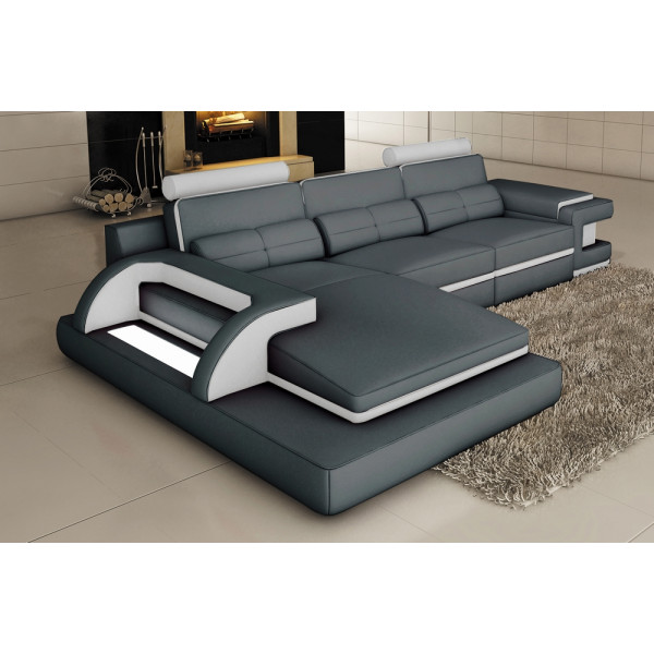 Canapé d'angle en cuir italien 6 places VINOTI, gris foncé et blanc, angle gauche