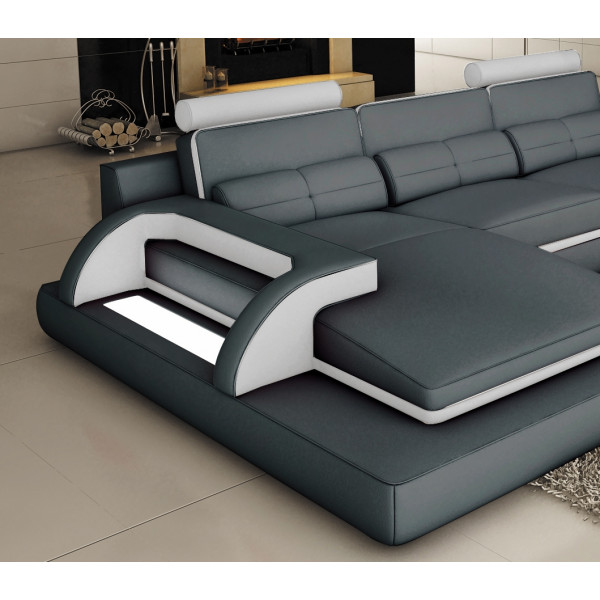 Canapé d'angle en cuir italien 6 places VINOTI, gris foncé et blanc, angle gauche