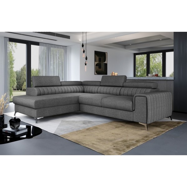 - Canapé d'angle convertible LARRY TISSU gris foncé 5 places angle gauche (vu de face)
