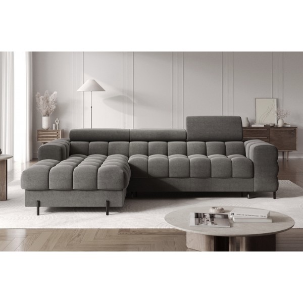 Canapé d'angle convertible FELIX VELOURS en velours gris foncé 5 places, angle gauche (vu de face)