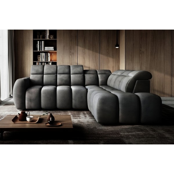 Canapé d'angle profondeur réglable FASANO velours Luxe gris foncé, 5 places, angle droit (vu de face)