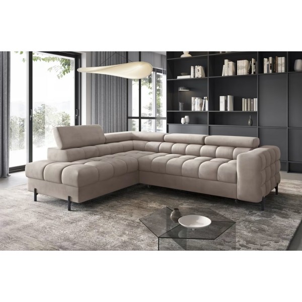 - Canapé d'angle convertible, FERNAND VELOURS - en velours Luxe beige, 5 places, angle gauche (vu de face)