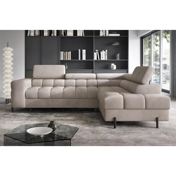 Canapé d'angle convertible - FERNAND VELOURS - en velours Luxe beige, 5 places, angle droit (vu de face)