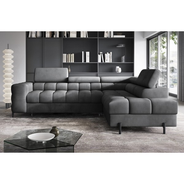 Canapé d'angle convertible - FERNAND VELOURS en velours Luxe gris foncé anthracite, 5 places, angle droit (vu de face)