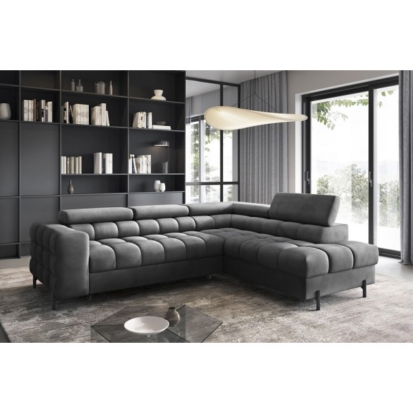 Canapé d'angle convertible - FERNAND VELOURS en velours Luxe gris foncé anthracite, 5 places, angle droit (vu de face)