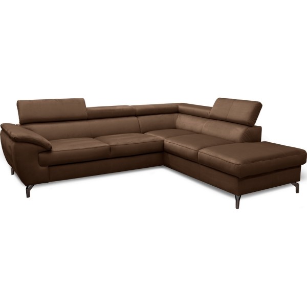 Canapé d'angle convertible en velours luxe 5 places, FLORENT, marron foncé, angle droit