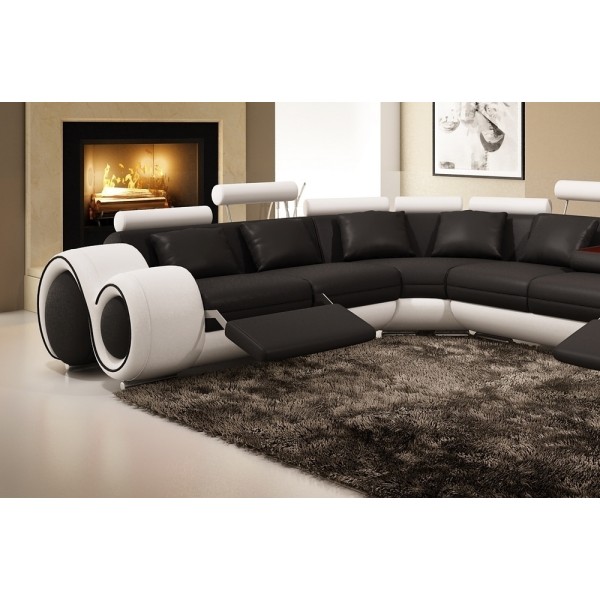 Canapé d'angle en cuir italien 5/6 places PETIT EXCELIA, noir et blanc, angle gauche,