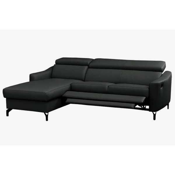 Canapé d'angle relax en cuir de luxe italien avec relax électrique et coffre, AMBERT, noir, angle gauche