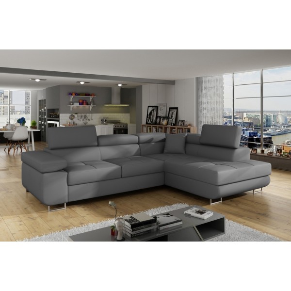 Canapé d'angle convertible en simili cuir 5 places, ANVERS SIMILI, gris foncé, angle droit