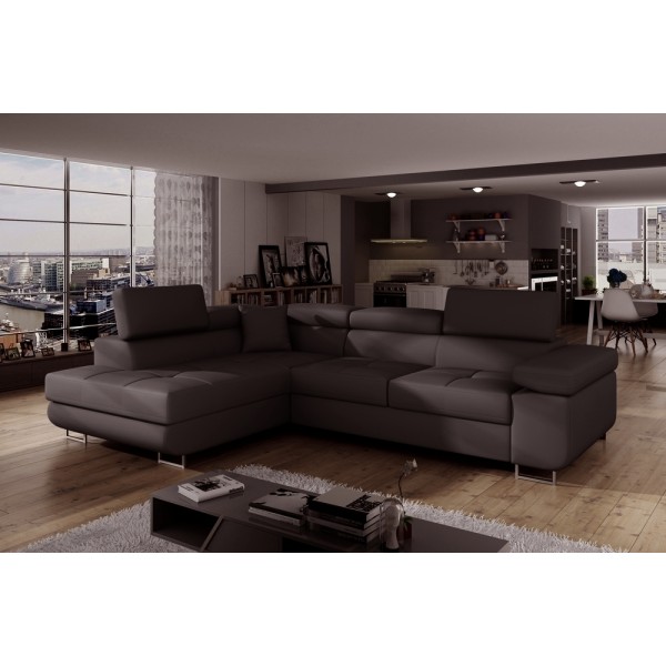 Canapé d'angle convertible en simili cuir 5 places, ANVERS SIMILI, chocolat, angle gauche