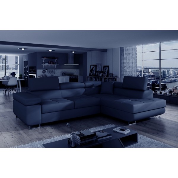 Canapé d'angle convertible en simili cuir 5 places, ANVERS SIMILI, bleu foncé, angle droit