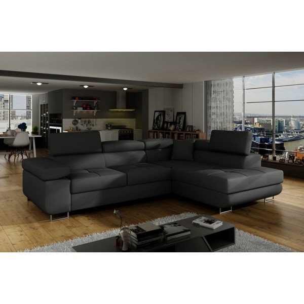 Canapé d'angle convertible en simili cuir 5 places, ANVERS SIMILI, noir, angle droit