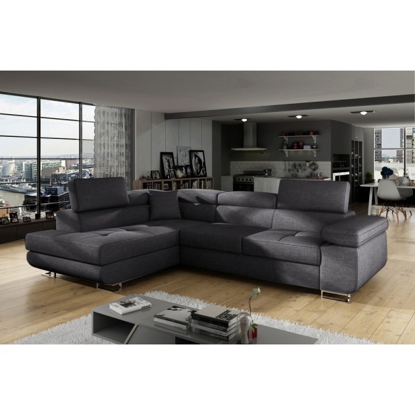 Canapé d'angle convertible - en tissu luxe 5 places, ANNECY TISSU, couleur gris foncé, angle gauche