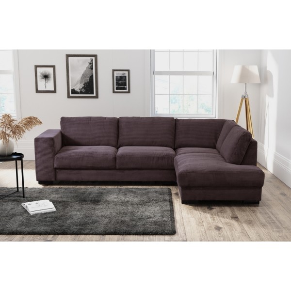 Canapé d'angle en velours côtelé luxe 5 places, SANDRO, chocolat, angle droit (vu de face)