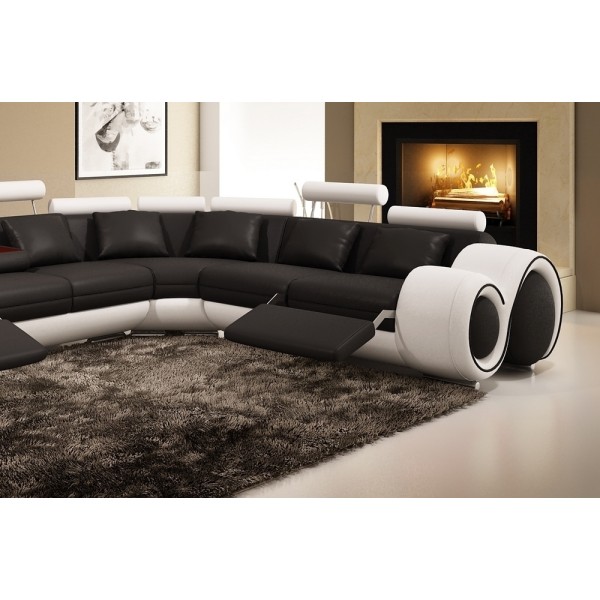 Canapé d'angle en cuir italien 5/6 places PETIT EXCELIA, noir et blanc, angle droit,