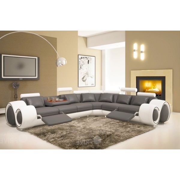 Canapé d'angle en cuir italien 5/6 places PETIT EXCELIA, gris foncé et blanc, angle droit