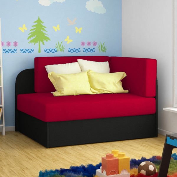 Canapé convertible 2 places moderne en tissu Rouge / Noir, coffre, ROSEN