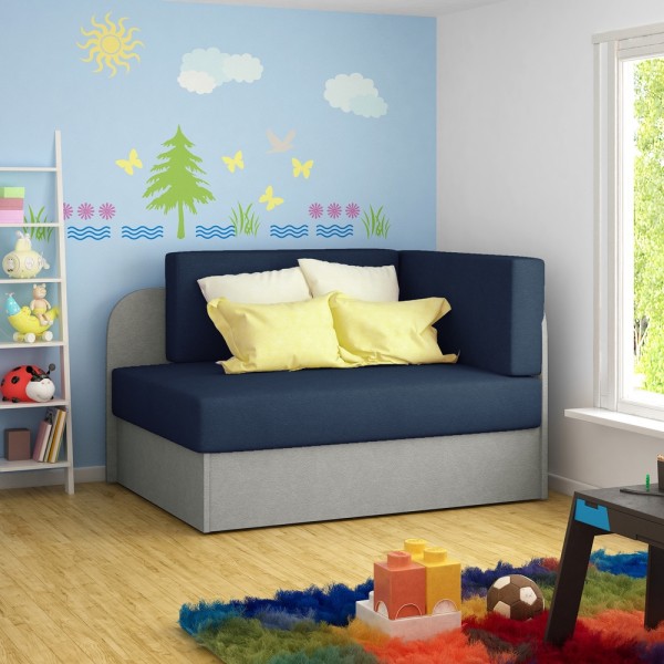 Canapé convertible 2 places moderne en tissu bleu foncé / Gris clair, coffre, ROSEN