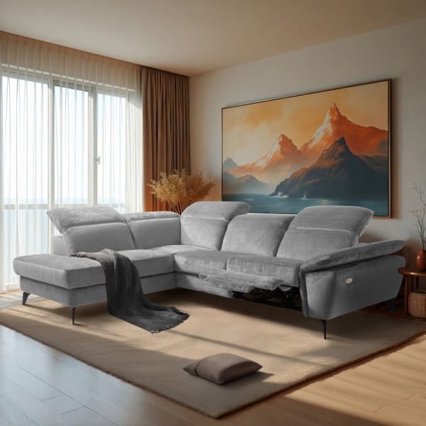 Canapé d'angle avec relax électrique tissu bouclette sensation velours, 5/6 places SINATRA, gris, angle gauche