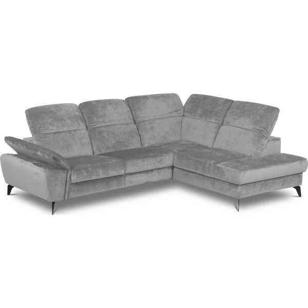 Canapé d'angle avec relax électrique tissu bouclette sensation velours, 5/6 places SINATRA, gris, angle droit