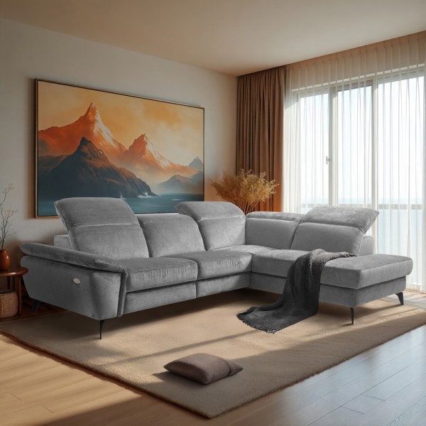 Canapé d'angle avec relax électrique tissu bouclette sensation velours, 5/6 places SINATRA, gris, angle droit