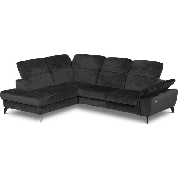 Canapé d'angle avec relax électrique tissu bouclette sensation velours, 5/6 places SINATRA, noir anthracite, angle gauche