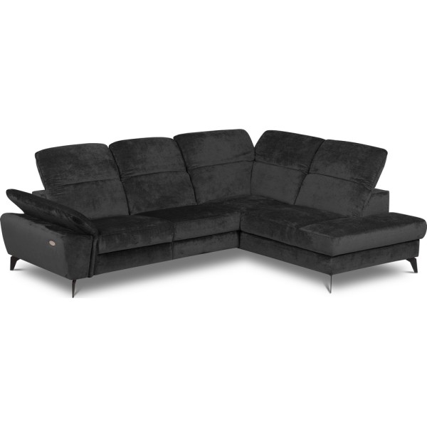 Canapé d'angle avec relax électrique tissu bouclette sensation velours, 5/6 places SINATRA, noir anthracite, angle gauche