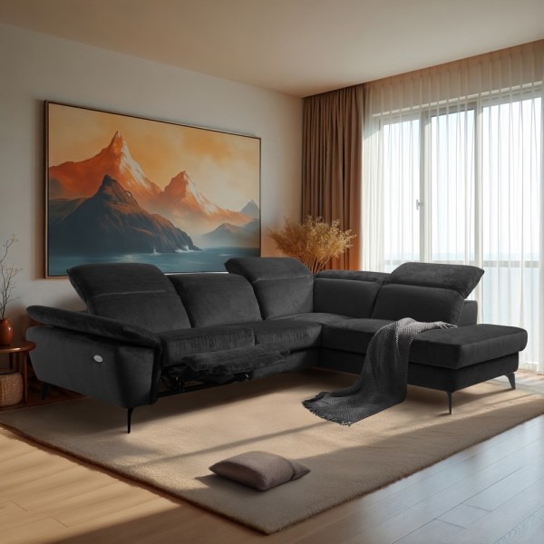 Canapé d'angle avec relax électrique tissu bouclette sensation velours, 5/6 places SINATRA, noir anthracite, angle gauche