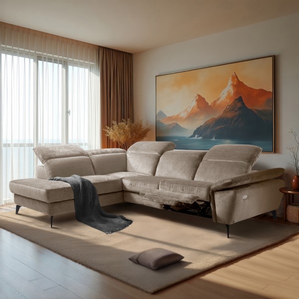 Canapé d'angle avec relax électrique tissu bouclette sensation velours, 5/6 places SINATRA, beige foncé, angle gauche