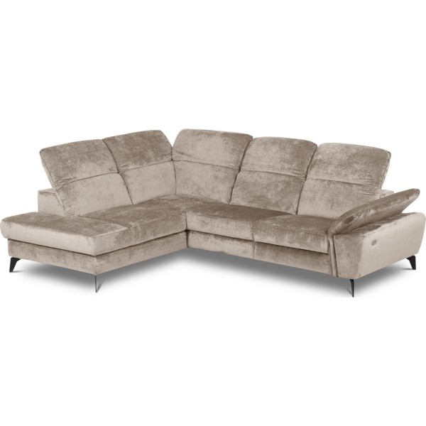 Canapé d'angle avec relax électrique tissu bouclette sensation velours, 5/6 places SINATRA, beige foncé, angle gauche