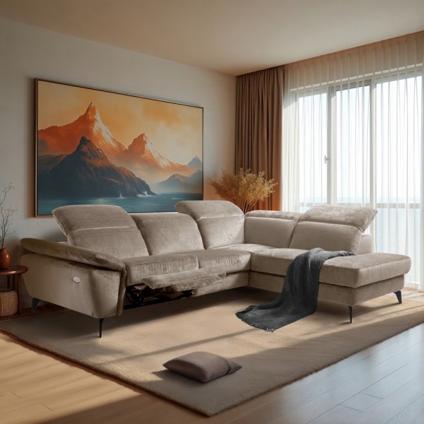 Canapé d'angle avec relax électrique tissu bouclette sensation velours, 5/6 places SINATRA, beige foncé, angle droit