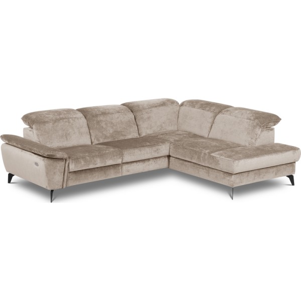 Canapé d'angle avec relax électrique tissu bouclette sensation velours, 5/6 places SINATRA, beige foncé, angle droit
