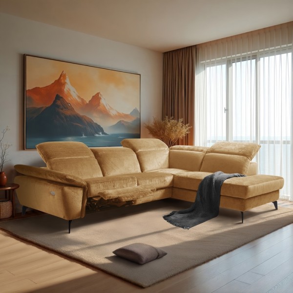 Canapé d'angle avec relax électrique tissu bouclette sensation velours, 5/6 places SINATRA, couleur miel, angle droit