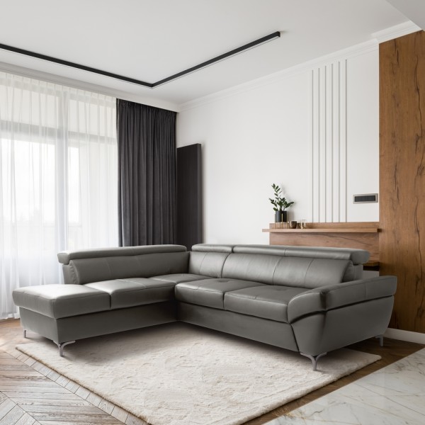 Canapé d'angle convertible en cuir italien luxe 5 places, MEMEZO, coffre, gris foncé, angle gauche