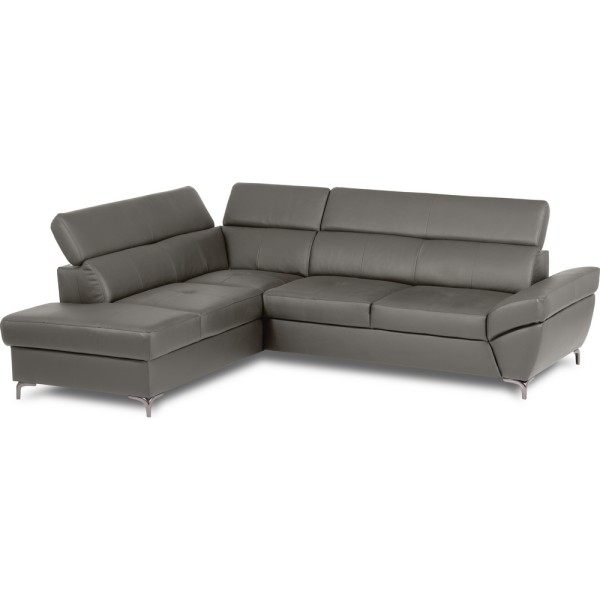 Canapé d'angle convertible en cuir italien luxe 5 places, MEMEZO, coffre, gris foncé, angle gauche